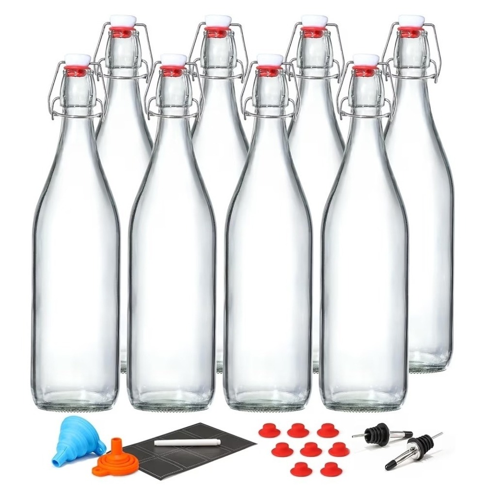 Swing Top Glass Bottles W/ Airtight Stopper Lids - 8 Pack [1 L / 33 Fl. Oz.]